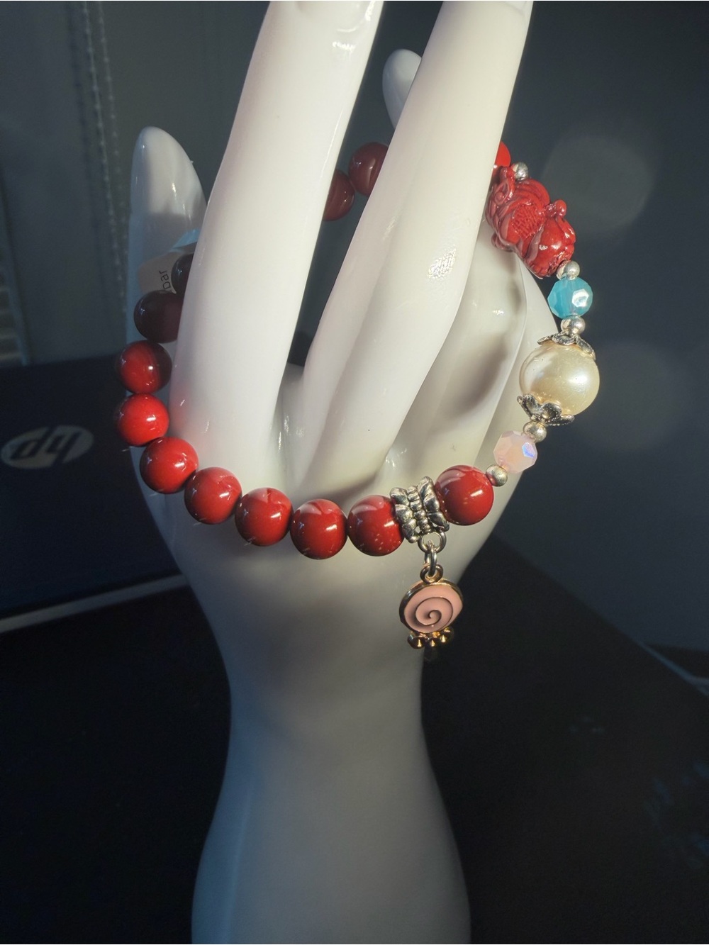 Bright Cinnabar 8mm Stretch Bracelet Faux Pearl pink blue accents and Lollipop